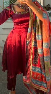 maroon satin suit